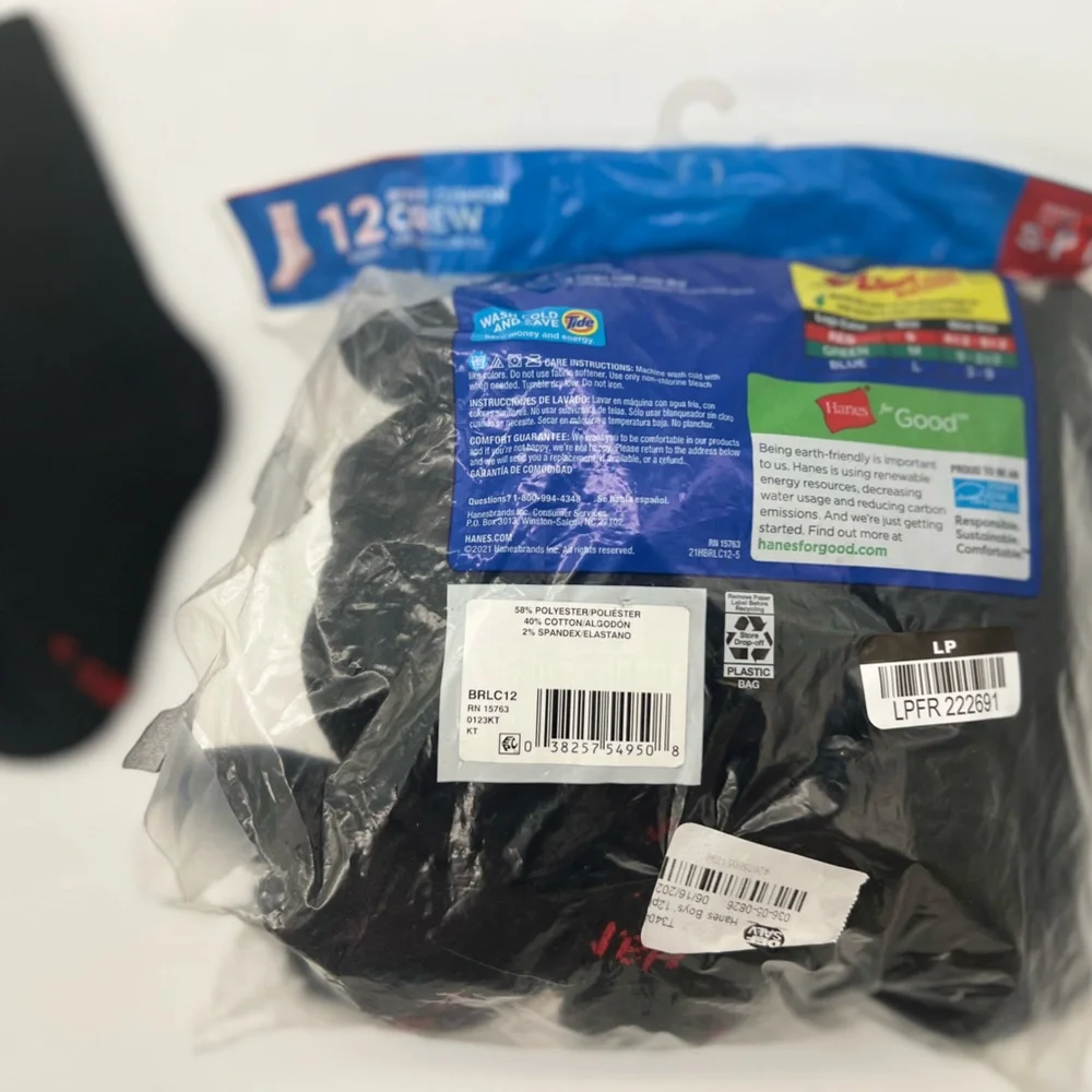 Hanes 10-Pack Cushion Crew Socks Boys Black Reinforced Comfort S Fit4.5-8.5 Shoe